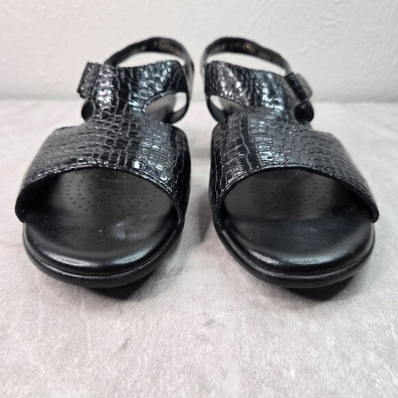 SAS Sandal Sz 10.5 Black Croc Leather Open Toe Comfort Low Heel Casual Slingback - Picture 3 of 13